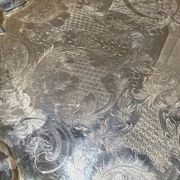 VTG Footed Silverplate Serving Tray Victorian Scroll & Cartouche Design Unmarked - Picture 7 of 10